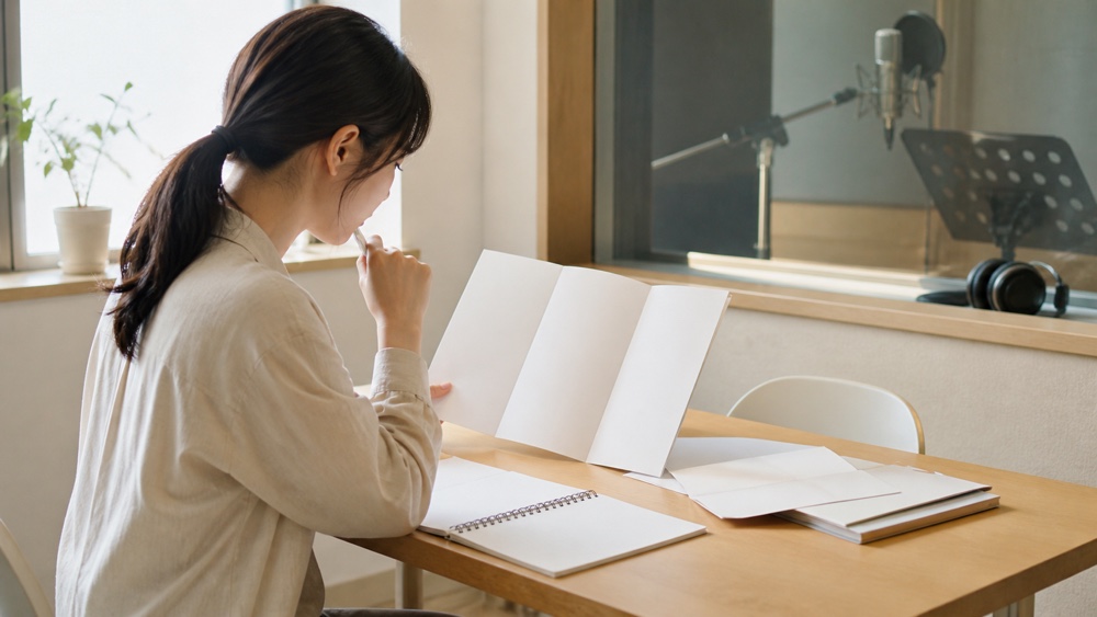 声優養成所の資料を見ながら評判や条件を確認する声優志望者