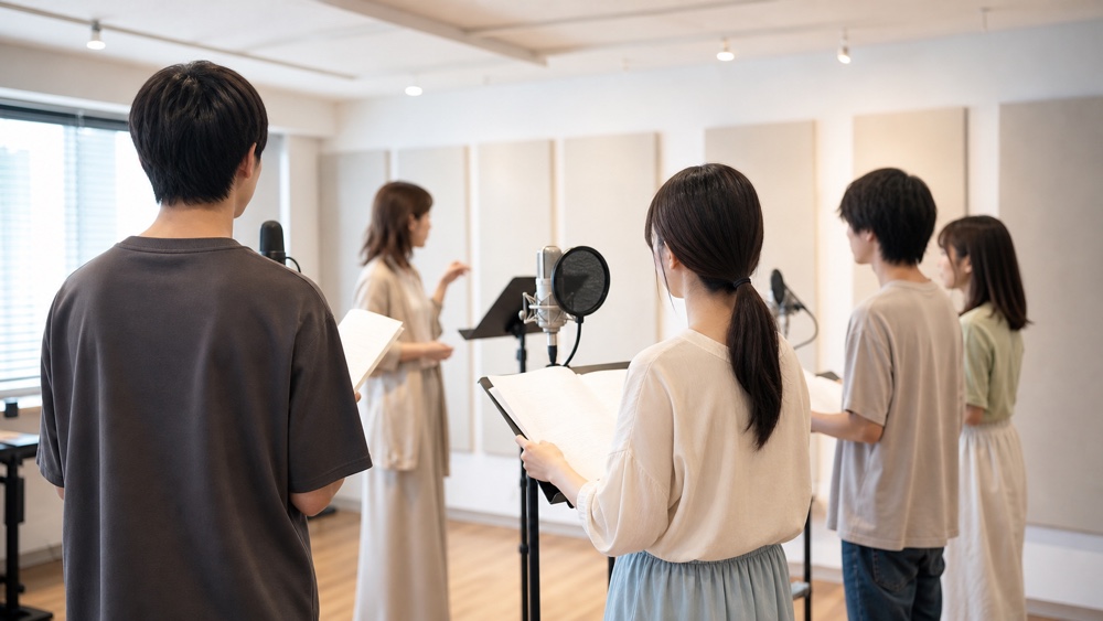 声優養成所のレッスン室でカリキュラムに沿って練習する受講生