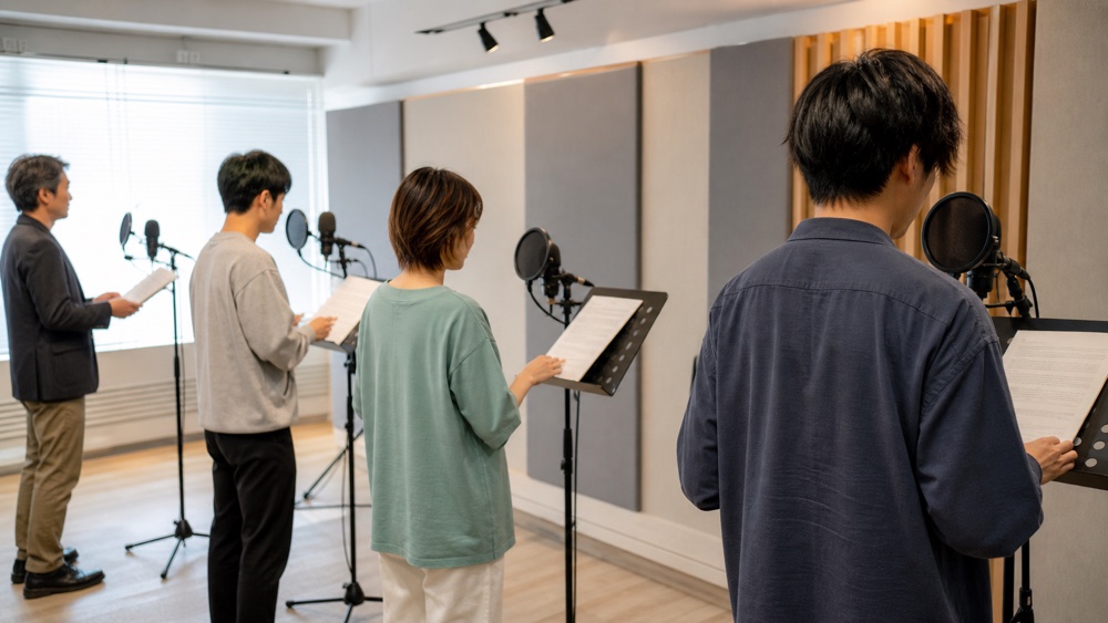 年代の異なる受講生が声優レッスンで発声練習する様子