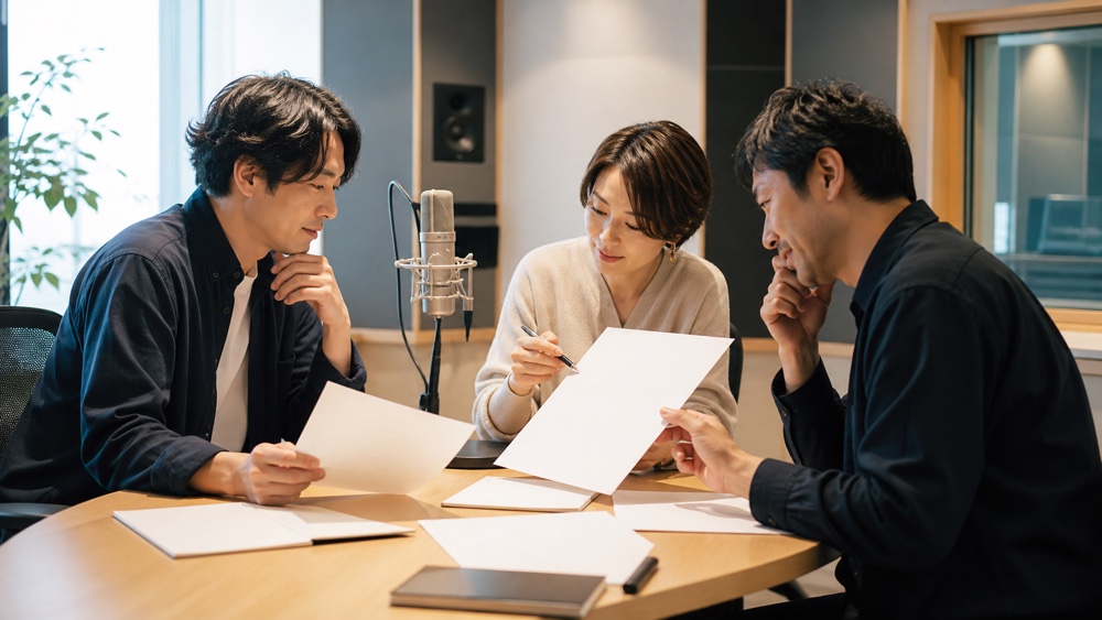 講師と受講生が目的別に声優養成所の候補を検討するイメージ
