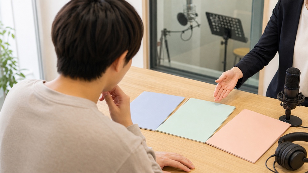 大阪・京都・兵庫の声優養成所資料を見比べながら通学先を相談するイメージ