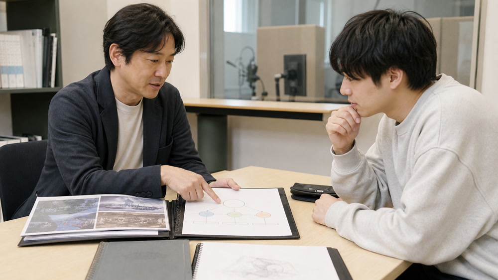 講師と受講生が卒業後の進路や実績資料を確認する様子