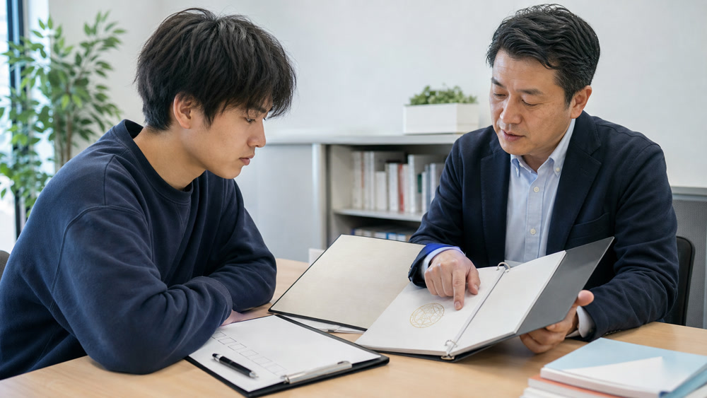 学校の認可区分と課程情報について資料を見ながら相談する学生