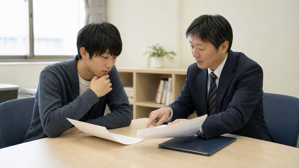 声優学科の募集終了と現在の状況を相談員と確認する様子