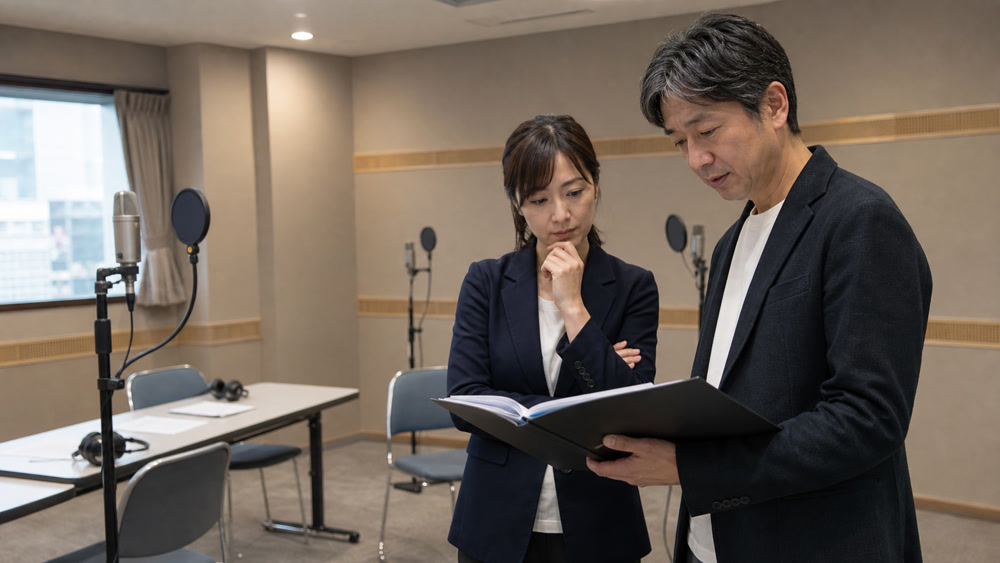 声優専門学校の学科再編について資料を確認する講師と進路担当者