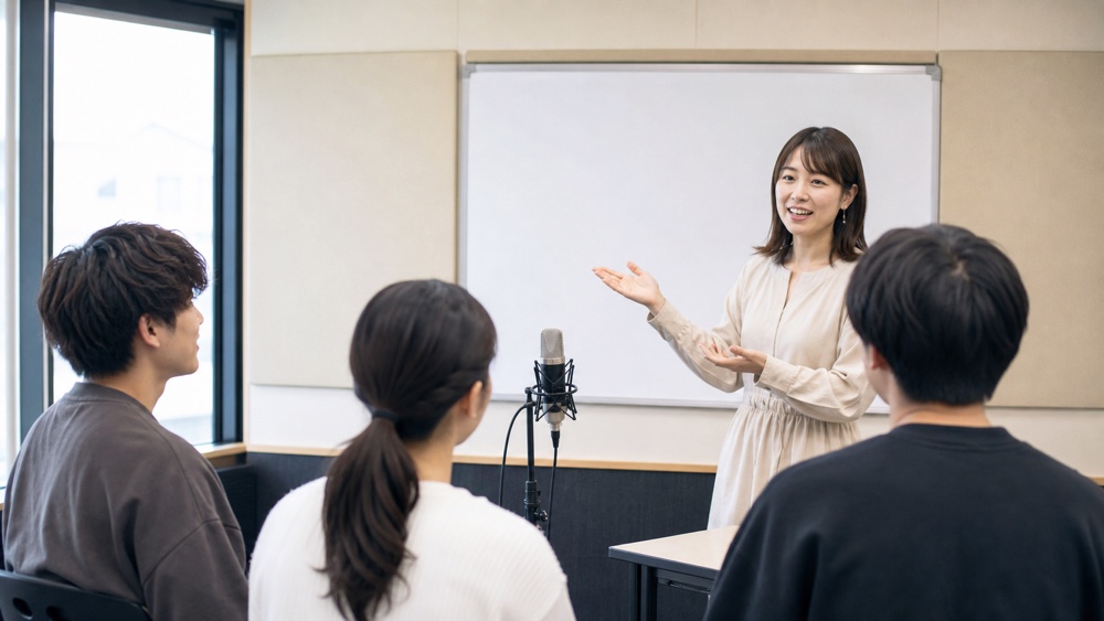 女性講師が少人数の受講生に声優レッスンを行う様子