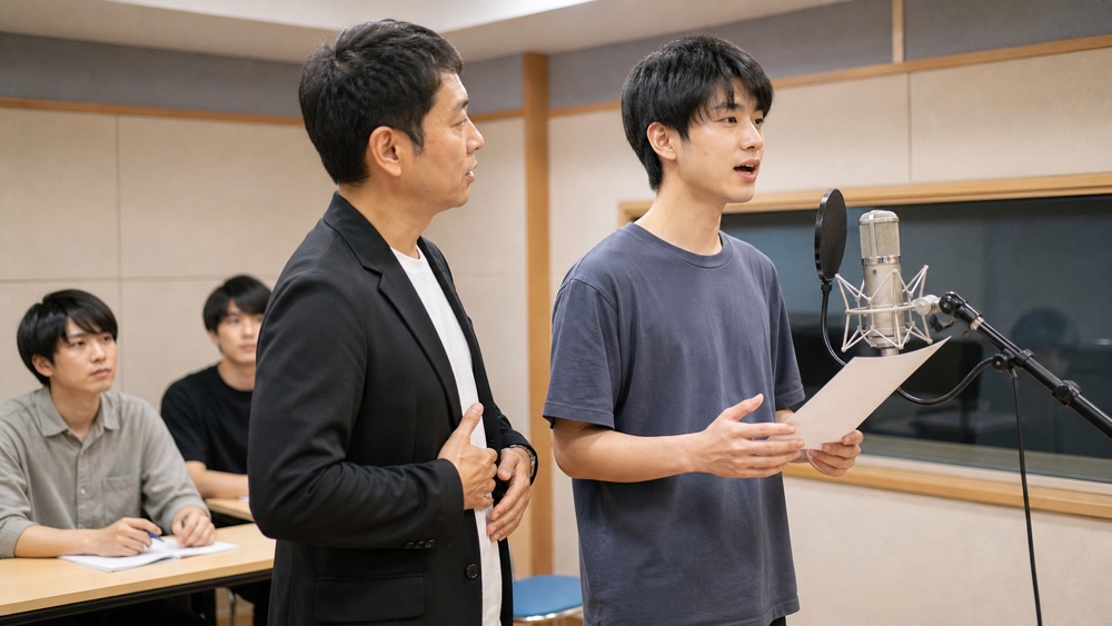 講師が受講生へマイク前の実践指導を行う様子
