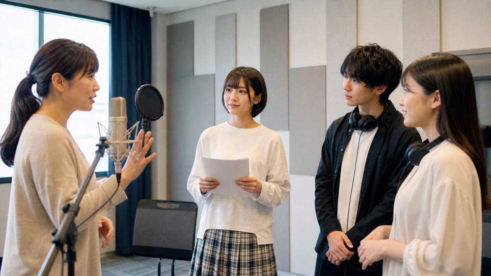 声優レッスン後に講師からフィードバックを受ける学生たち