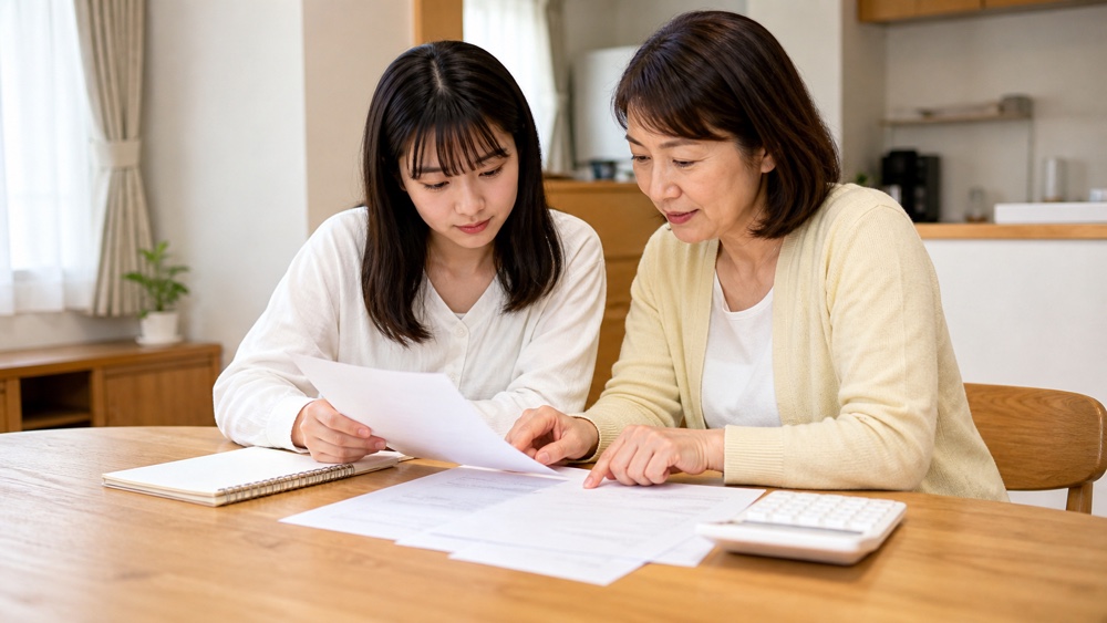 専門学校デジタルアーツ東京の学費表を確認する保護者と学生