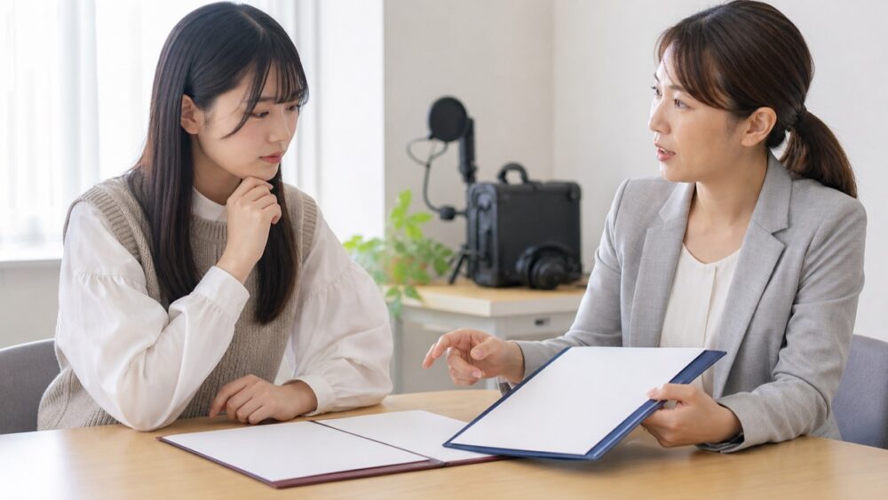 声優養成所とボイストレーニングスクールの違いを相談する女性