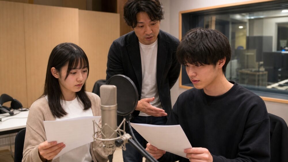 録音スタジオで講師と台本を確認しながら声優レッスンを受ける学生
