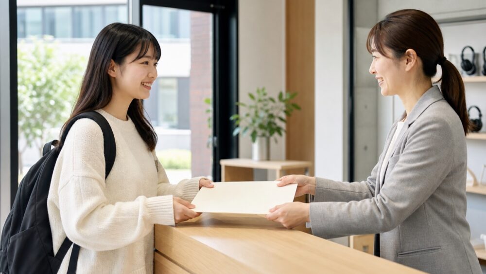 声優専門学校のオープンキャンパスで案内を受ける高校生