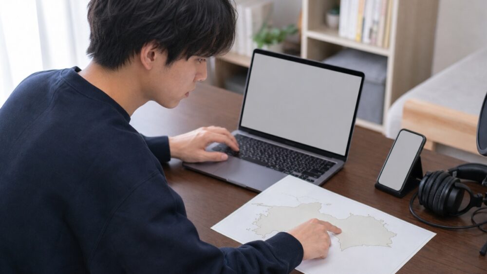 パソコンと地図でIAM高松校の所在地と特徴を確認する男性