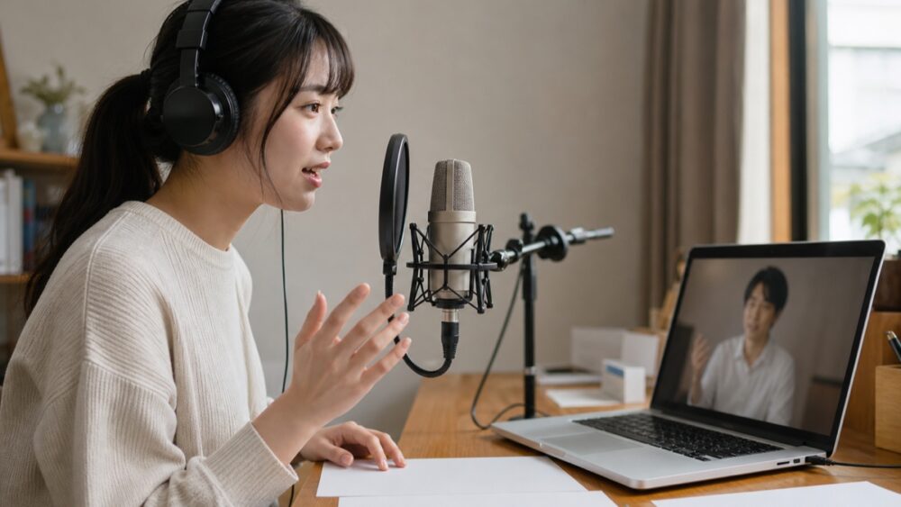 自宅で講師からオンラインの声優レッスンを受ける女性