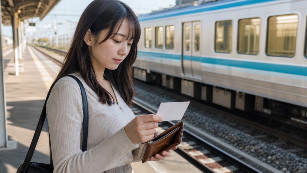 愛媛・岡山・広島への通学を考えて駅で交通費を確認する女性