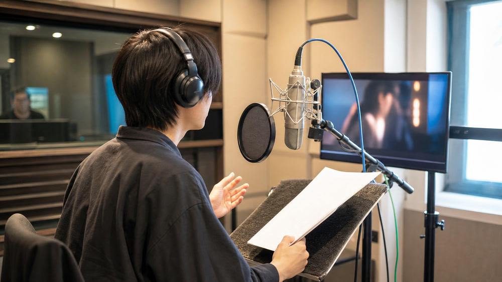 映像モニターを見ながら吹き替え収録を行う声優の様子