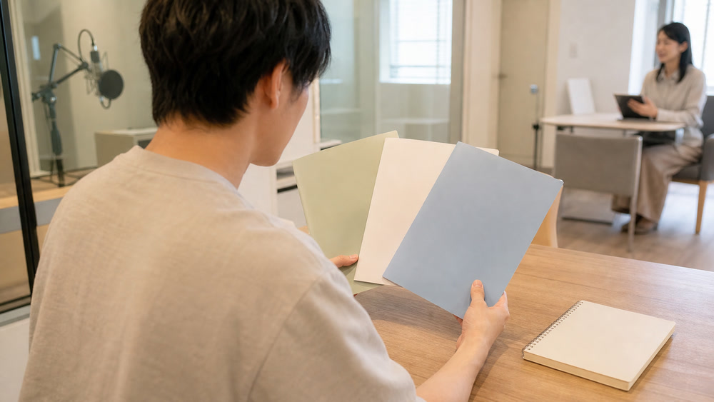 声優養成所や専門学校の資料を比較して新しい進路を検討する様子
