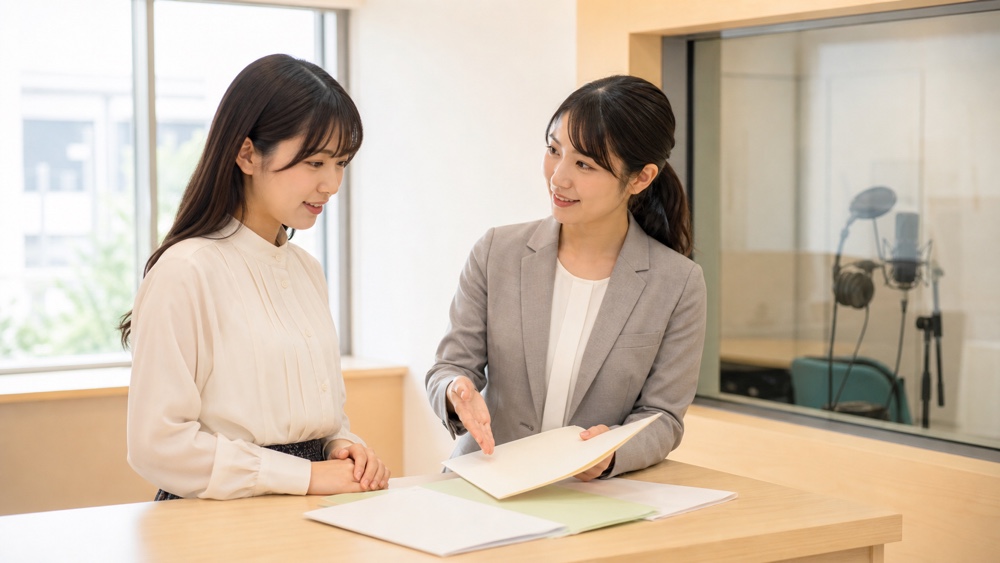 声優を目指す学生が校内で進路サポートの相談をする様子
