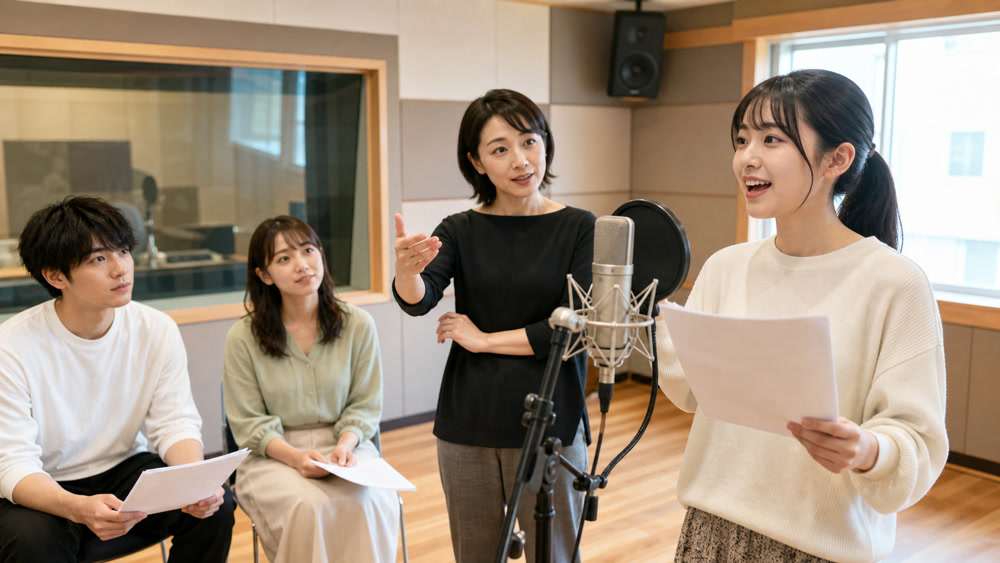 音楽系学科の声優コースで実践指導を受ける学生