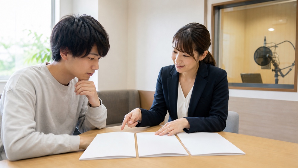 専門学校の資料を見比べながら進路相談をする学生