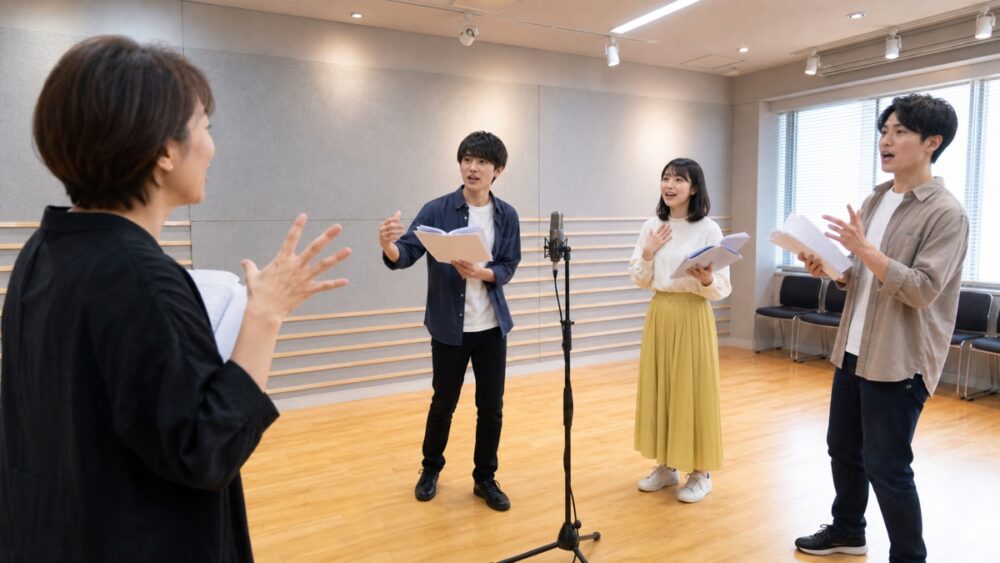 スタジオで仲間と一緒にレッスンを受ける声優専門学校の学生たち