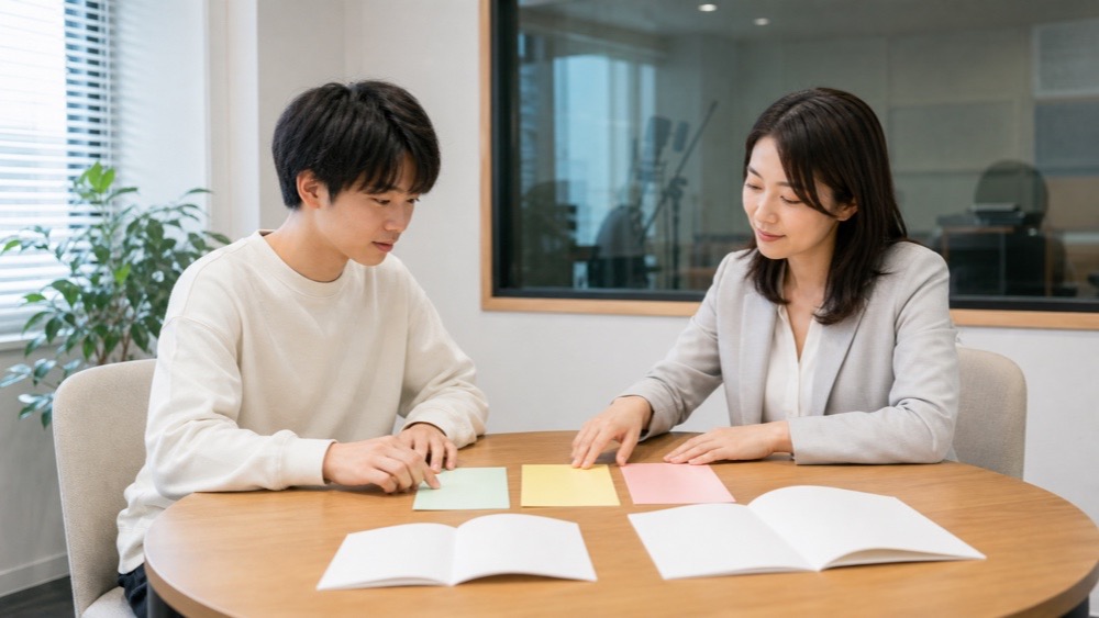 声優専門学校の複数の噂を相談員と落ち着いて整理する学生