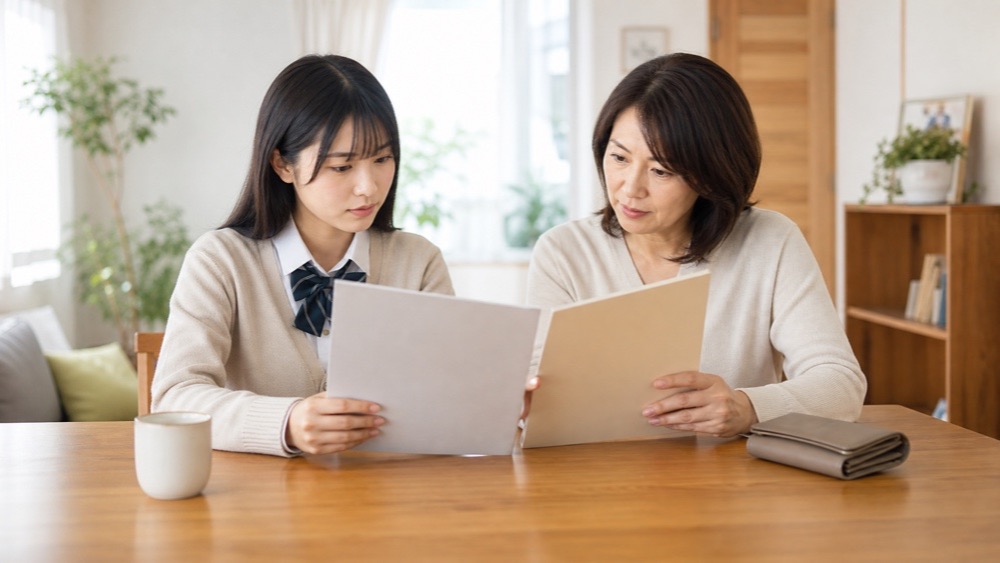 声優専門学校の学費資料を家族と慎重に確認する学生