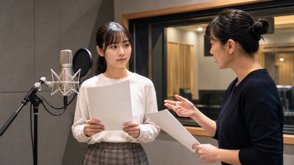録音ブースで講師の助言を受けながら台本練習を続ける学生