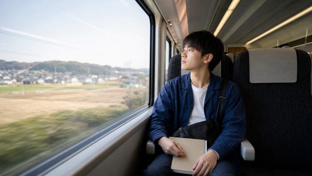 特急列車で東京方面へ通学する声優志望者