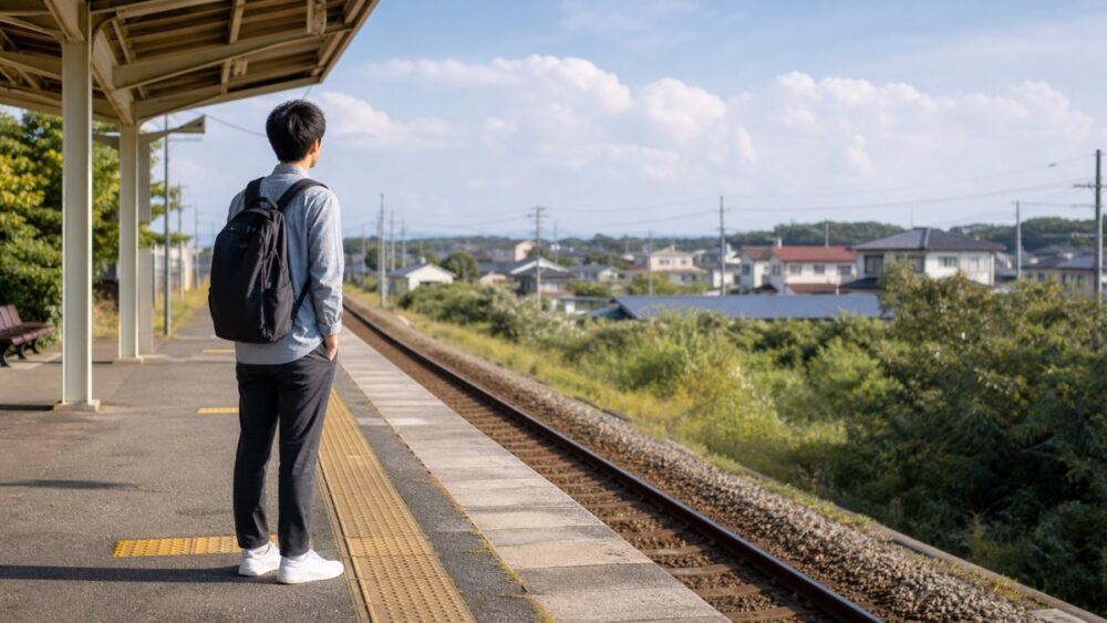 茨城県内のローカル駅ホームで電車を待つ声優志望者
