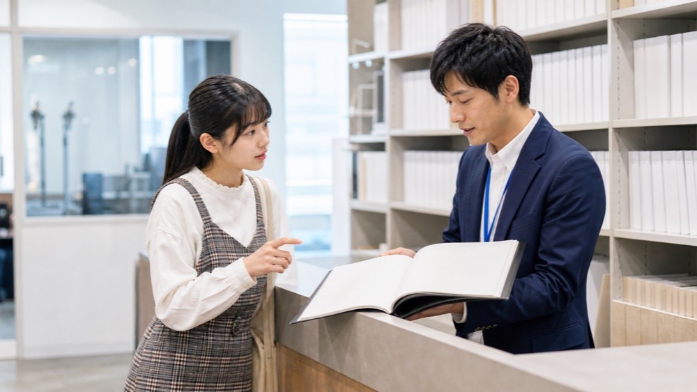 受付で所在地や見学方法について問い合わせるイメージ