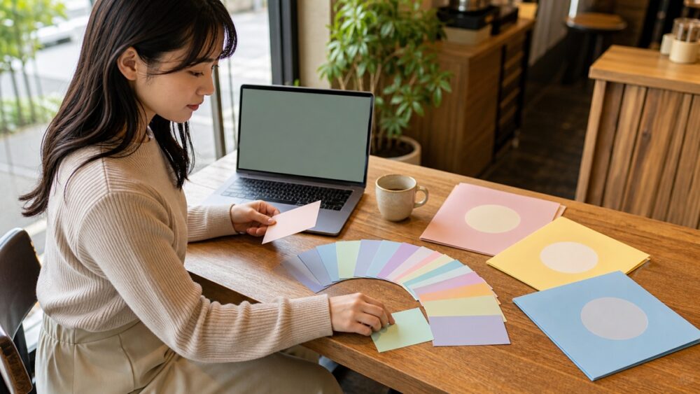 カフェで声優養成所を比較検討する女性