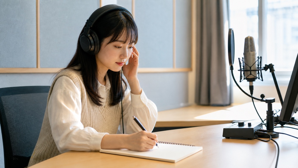 録音を聞き返して学んだことをノートに整理する声優専門学校の学生