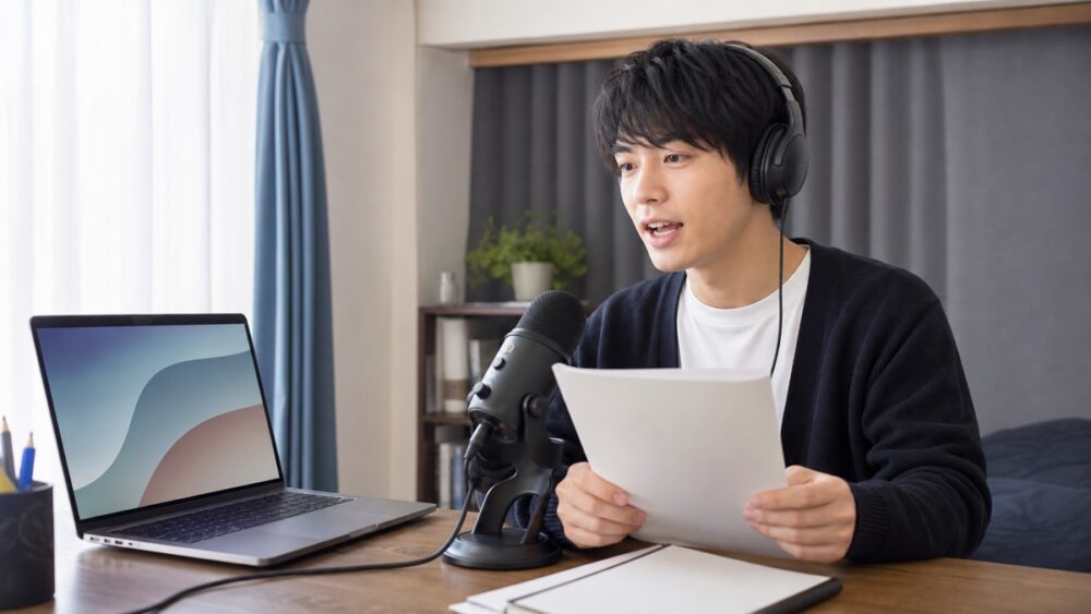 自宅でオンライン声優レッスンを受ける男性