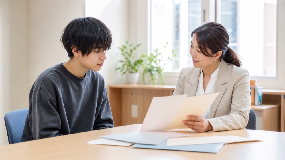 声優専門学校の進路資料を相談員と確認する学生
