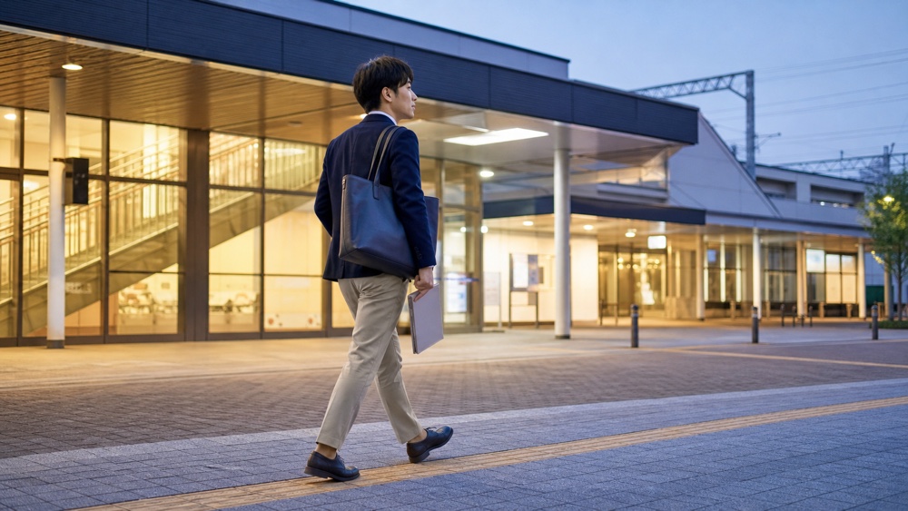 仕事帰りの夕方に駅施設前を歩く社会人