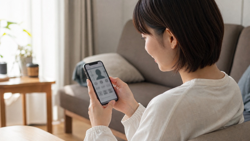 室内で声優のプロフィールをスマホで調べる人物
