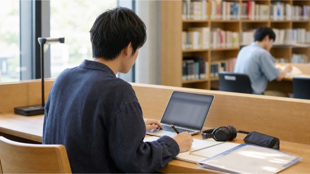 図書館で声優専門学校の一次情報を調べる学生