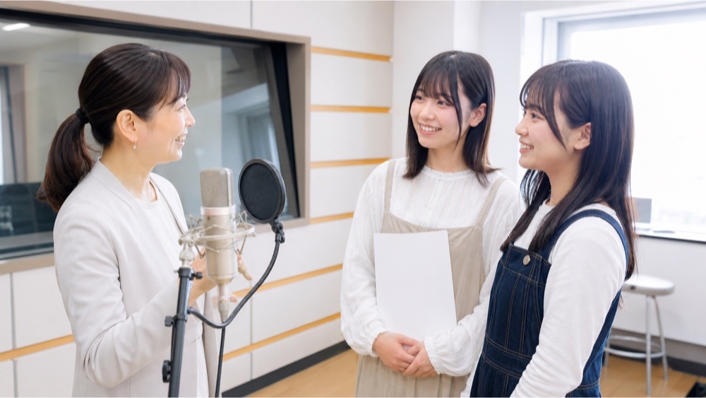 オープンキャンパスで録音設備の説明を受ける学生