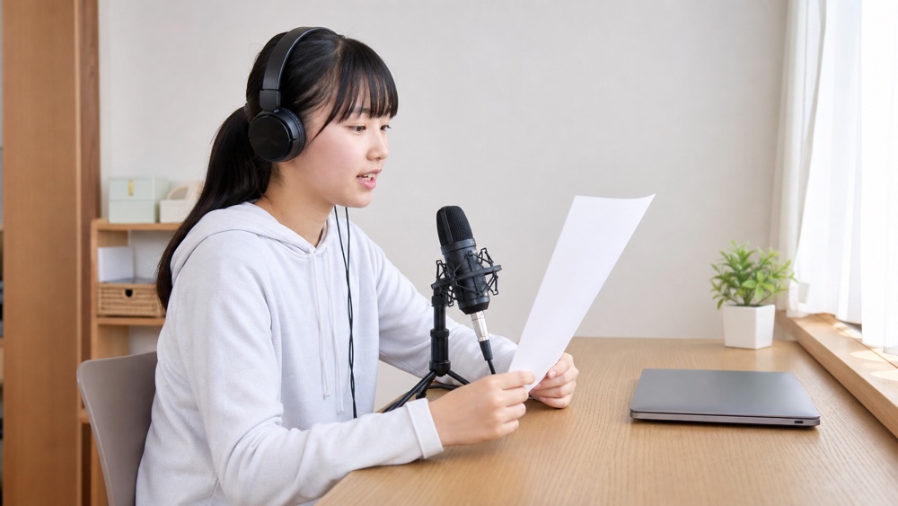 自宅で声優の通信制講座を学ぶ高校生