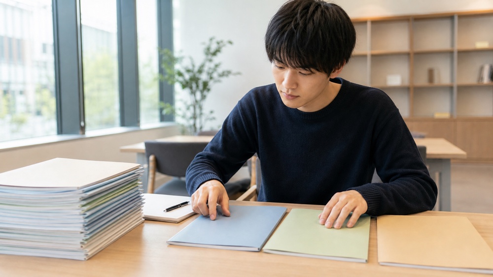 多数の声優養成所資料から候補を3校に絞る人物