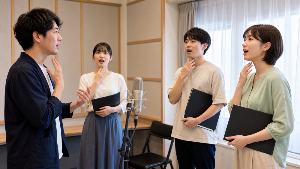 講師と受講生が発声の基礎を練習する声優ワークショップのイメージ