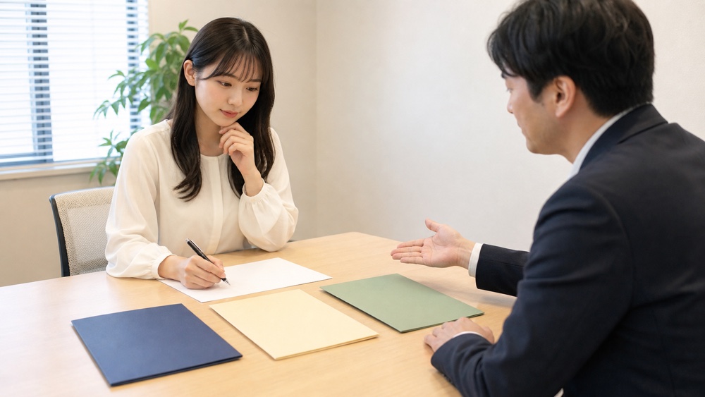 複数の無地資料を見比べながら声優養成所を比較検討する相談風景のイメージ