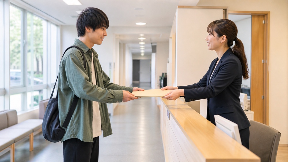 ヒューマンアカデミー広島校の受付でコースとアクセスの資料を受け取る学生
