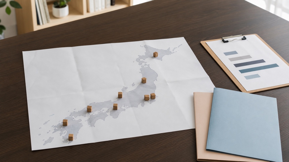 全国の校舎と提携事務所の広がりを地図と資料で確認するイメージ