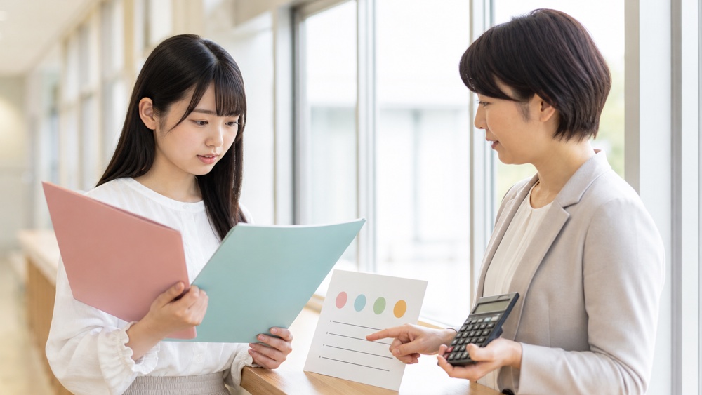 学費とオーディション実績の資料を比較する学生と進路担当者