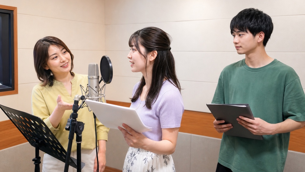 声優専門学校の体験レッスンでマイク指導を受ける参加者