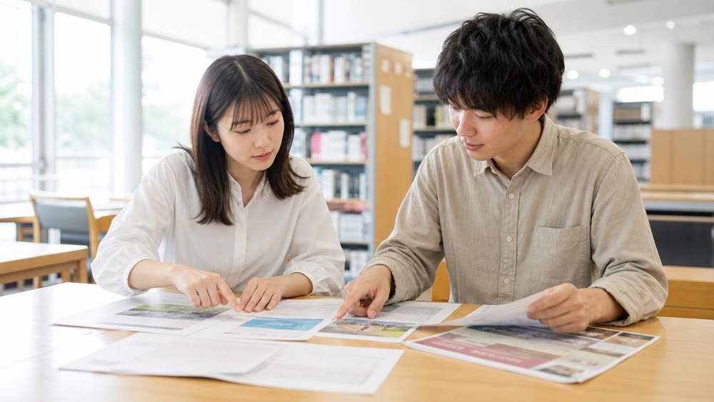 広島の声優専門学校の資料を比較する2人