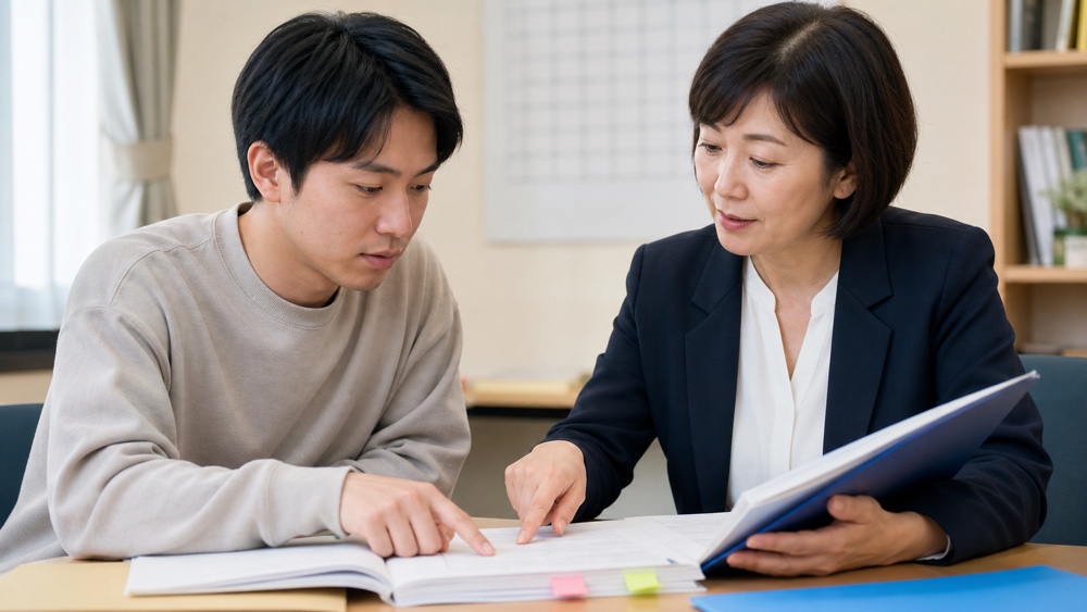声優専門学校の区分に関する書類を確認する相談者と担当者