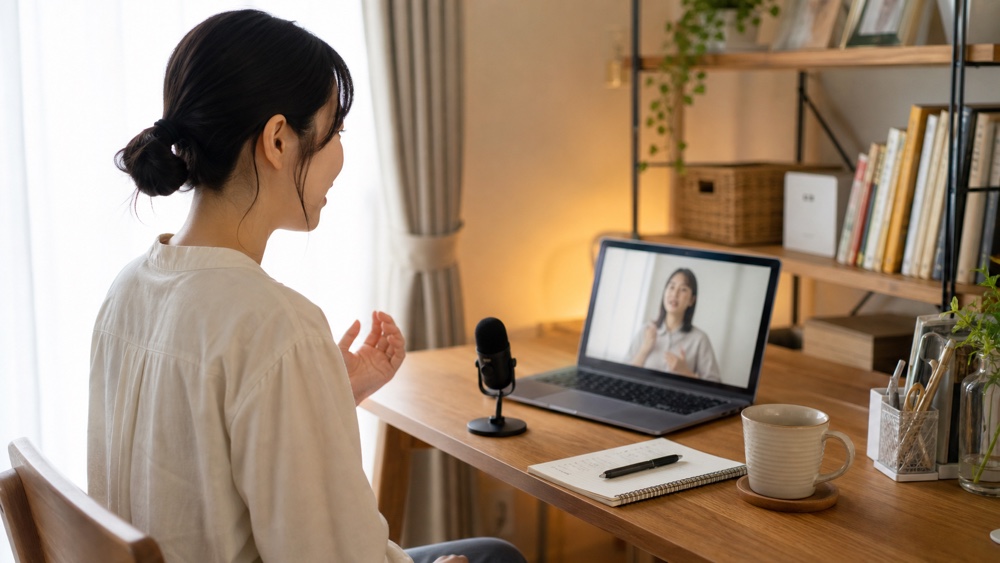 自宅でオンラインの声優レッスンを受ける女性